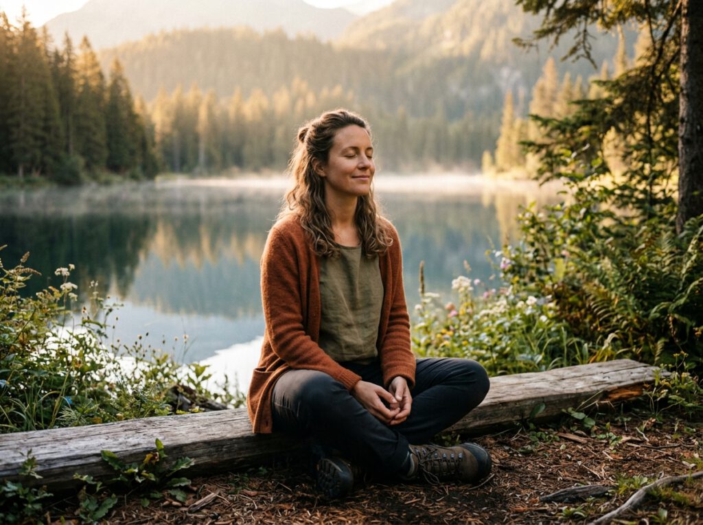 Eine Frau sitzt ruhig und entspannt an einem Bergsee